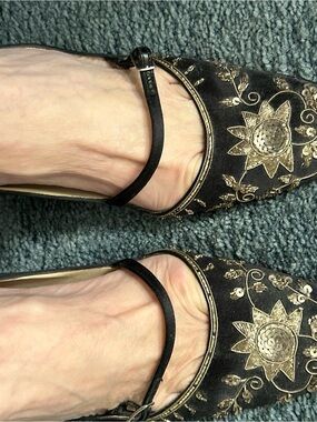 Black and Gold Embroidered Pointed Mary Jane Flats - Women